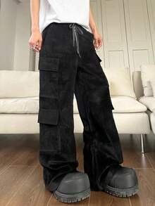 Claim Dot Manfinity Streetrush Men's Black Corduroy Pants,Loose Fit Cargo Straight Leg Trousers,Autumn Streetwear Work Warm Winter Christmas Fashion - Black - View 3