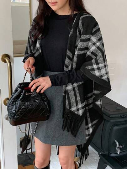 DAZY 女士格子韩版休闲披肩，宽松羊毛秋冬女式外套