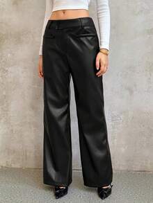 Sweetra 女式修身休闲PU喇叭裤，秋冬 - 黑色 - 查看 3