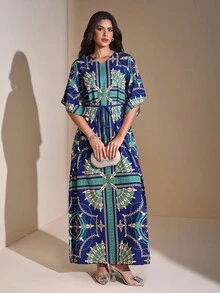 JIAN LASALA All-Over Print Blue Batwing Sleeves Boho Kaftan Maxi Dress Women Casual Vacation Wear Blue Maxi Dress Caftan Dress Print Maxi Dress Women Print Dress Motif Dress Print Dresses For Women Blue Maxi Dress Women Evening Dress Wedding Guest Luxury Stylish Clothing Collection - Multicolor - View 4