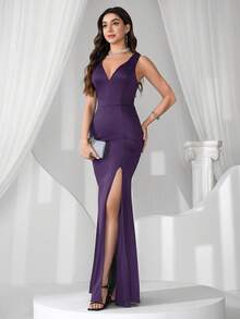 Coutiva Vestido de mujer con escote en V profundo, espalda descubierta, adornado con rhinestones y abertura de sirena - Morado oscuro - Ver 4