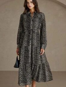 Aveloria Rosie Leopard Print Chiffon Shirt Collar Super Long Tie Waist Commuter Elegant Dress - Multicolor - View 5