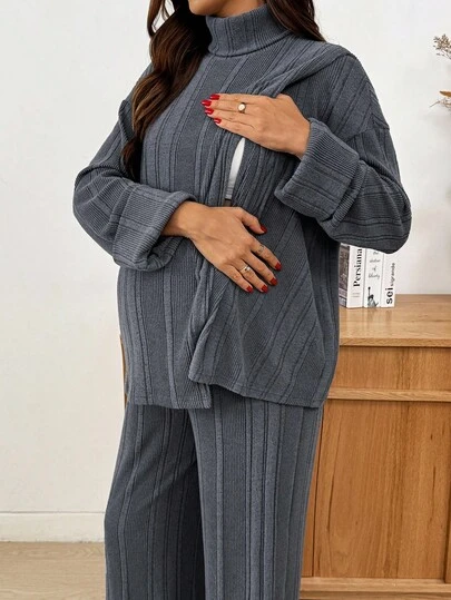 SHEIN 2 件孕妇秋季罗纹高领落肩上衣和可调节腰部裤子休闲套装 Co Ords 套装女士两件套女士舒适 2 件套休闲套装女士感恩节 Ghostface 孕妇装两件套装舒适两件套灰色