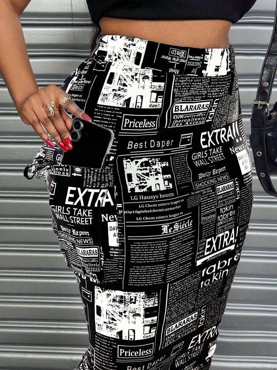 Maweii 大码女式松紧腰标语印花侧抽绳铅笔裙 - 黑與白 - 查看 1