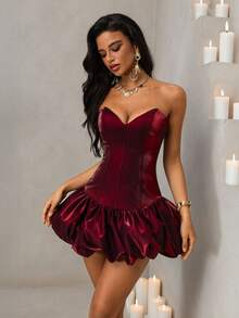 Vowa Women's Fashion, Sexy, Avant-Garde, Mesh, Shiny, Dark Red Sequin Satin Peplum Hem Bandeau Dress, Suitable For Nightclub, Party, Beach, Vacation, Cocktail Party