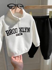 2pcs Baby Boy Black And White Tracksuit,Half-Zip Thermal Hoodie & Sweatpants Set,Back-To-School,Autumn,Casual,City Break,Cute Winter Fall Outfit - Black and White - View 7