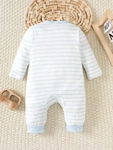 SHEIN 新生男宝宝蓝色条纹连体衣，秋冬款 - 藍色 - 查看 7