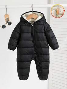 SHEIN 新生儿男女款羊毛连帽连体衣，黑色，秋冬 - 彩色 - 查看 5