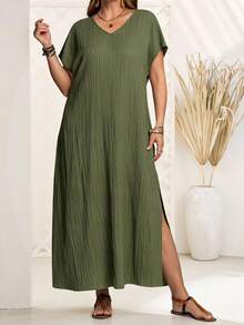 EMERY ROSE 大码V领蝙蝠袖短袖直筒宽松休闲连衣裙，夏季服装，女士度假装/波西米亚风女装 - 軍綠色 - 查看 4