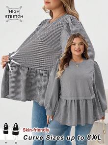 SHEIN CURVE+ Áo sơ mi tay loe cổ tròn kẻ caro đen trắng cỡ lớn thường ngày/Mùa thu/Mùa đông - Đen và trắng - Xem 1