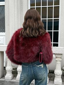 Firerie Women's Fashionable Elegant Minimalist Burgundy Faux Fur Short Coat, New Autumn/Winter Jacket - Burgundy - View 3
