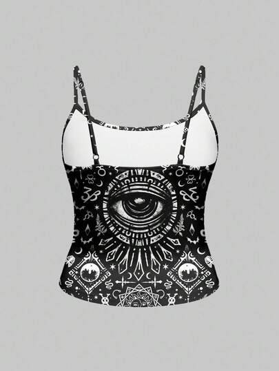 Goth Plus Size Halloween Dark Horror Mysterious Eye Cross Moth Snake Gem Skull Suspender Tank Top