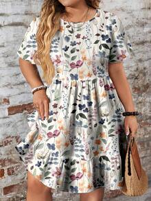 EMERY ROSE Casual Vintage Ditsy Floral Loose Fit Round Neck Short Sleeve Plus Size Dress, Suitable For Teacher's Day And Back To School Season