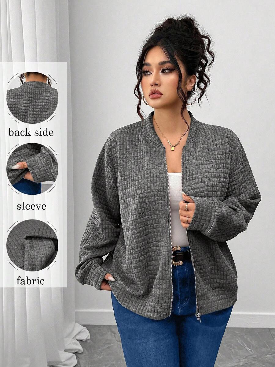 SHEIN CURVE+ Áo khoác rộng rãi có khóa kéo họa tiết cỡ lớn, mùa thu - Xám - Xem 1