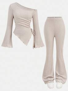 SHEIN Girlism Teen Girls Apricot Drawstring Asymmetric Hem Flared Sleeve T-Shirt And A Two Pieces Flared Pants Suit,Off Shoulder T-Shirt,Fall Girl Clothes,Comfortable T-Shirt Suit Winter - Apricot - View 11