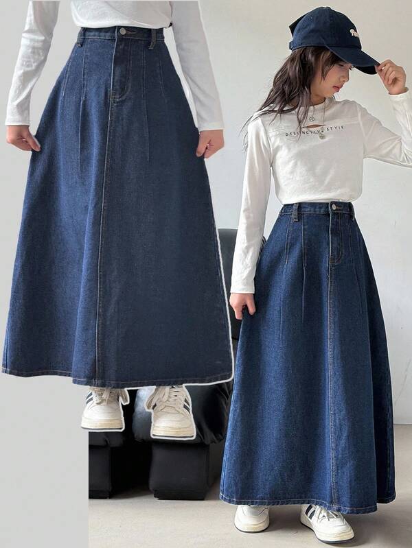 SHEIN Tween Girls Casual Elegant Dark Solid Washed Denim Long Skirt With Pleated, Fall/Autumn Winter Elegant Jeans Skirt,Business Professional Work Girl Oufits,Girls Back To School Homecoming Outfits, Jean Skirt, Jean Skirts For Women, Denim Skirt, Long Jean Skirt, Long Denim Skirt
