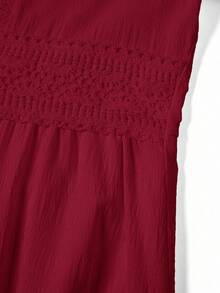 Gownix Women's Woven Jacquard Texture V-Neck Ruffle Hem Lace Trim Summer Dress - Burgundy - View 8