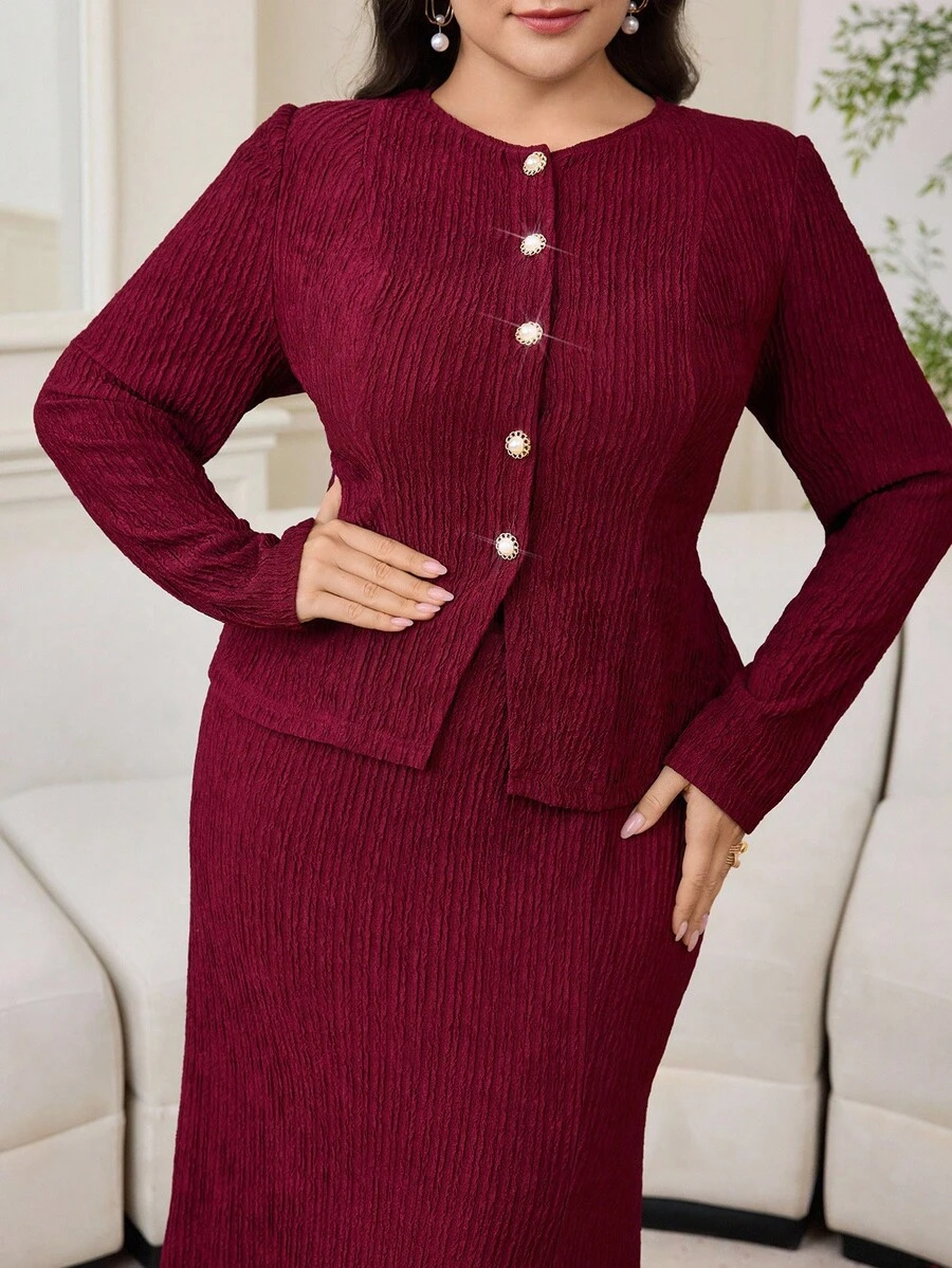 Modelyn 大码女式优雅圆领长袖单排扣上衣和修身中长裙两件套,秋季 - 紅色 - 查看 1