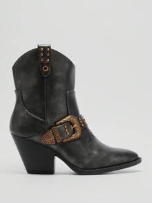 Solezae 女式做旧 PU 黑色铜扣金属粗跟踝靴 - 标志性牛仔风格，适合秋季造型和节日穿着的时尚靴子 - 黑色 - 查看 3