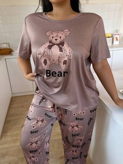 2pcs/Set Plus Size Cute Bear Print Short Sleeve Pajama Set Teddy Bear Pajama Set Bear Pajamas Women Pajama Set Brown Pajama Set Plus Size Pajama Set