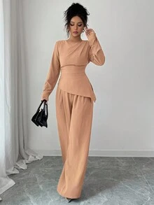 SHEIN Raffinéa Bộ 2 món/Bộ đồ nữ cổ tròn màu trơn xếp ly viền bất đối xứng tay dài 2 món mặc ở nhà Bộ đồ hai mảnh kín đáo cho nữ Bộ đồ hai mảnh thanh lịch cho nữ - Màu Khaki - Xem 4