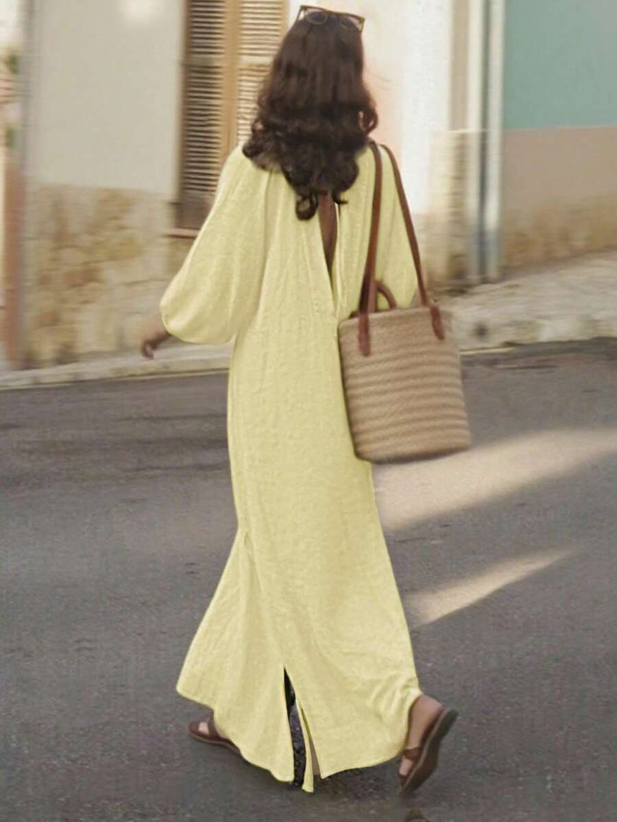 INAWLY Women's Casual Everyday Solid Color Elegant Romantic Backless Long Sleeve Dress, Suitable For Vacation - Yellow - View 1
