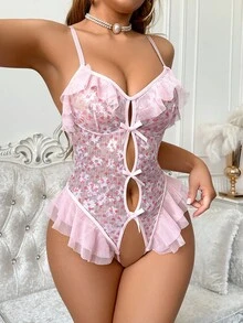 SHEIN 花卉印花荷叶边前部无线紧身衣 - 粉色 - 查看 1