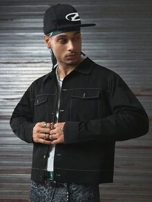 AXEPEAK 男士秋季单排扣实用口袋休闲长袖夹克，Grunge风格 - 黑色 - 查看 5