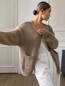 Livesso Cárdigan holgado con cremallera y cuello en V para mujer, otoño - Marrón - Ver 4