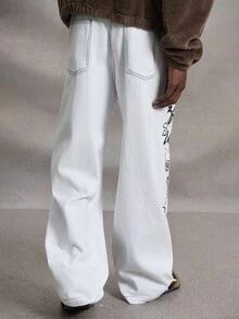 PAVTROS Jeans de pierna ancha con estampado de eslogan y efecto desgastado para hombre - Blanco - Ver 2