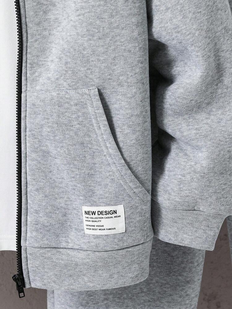 SHEIN 2pcs/Set Teen Boys' Grey Minimalist Silhouette School Uniform, Slim Fit, Casual School Style, Comfortable & Fashionable, Soft Fabric, Suitable For Daily Wear, School, Outdoor Activities, Fall Autumn And Winter Clothes Hoodie And Sweatpants Set Grey Zip Up Hoodie Teenage Boy S Hoodie And Pants Set Teen Zipper Front Hoodie Set Teen Boys Sweat Suit Grey Sweats Grey Outfit Teen Boys Outfit - Grey - View 8