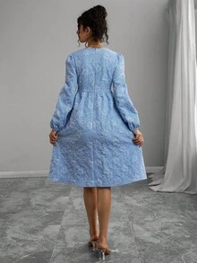 SHEIN 孕妇圆领提花面料纽扣前长袖连衣裙，春秋 - 藍色 - 查看 2