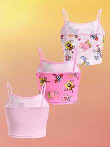 SpongeBob SquarePants | SHEIN 3pcs Young Girl Pink Cute Cartoon Print Longline Cami Tops,Cute,Kawaii,Sweet Fall Winter - Pink - View 2
