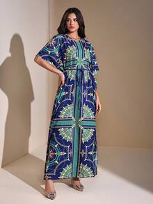 JIAN LASALA All-Over Print Blue Batwing Sleeves Boho Kaftan Maxi Dress Women Casual Vacation Wear Blue Maxi Dress Caftan Dress Print Maxi Dress Women Print Dress Motif Dress Print Dresses For Women Blue Maxi Dress Women Evening Dress Wedding Guest Luxury Stylish Clothing Collection - Multicolor - View 3