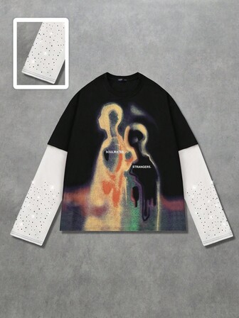 Street Life T-shirt court ample à manches avec diamants scintillants et imprimé de silhouette floue, pour l'automne