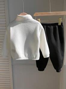 2pcs Baby Boy Black And White Tracksuit,Half-Zip Thermal Hoodie & Sweatpants Set,Back-To-School,Autumn,Casual,City Break,Cute Winter Fall Outfit - Black and White - View 6