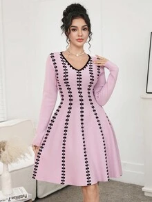 Modelyn Damen elegantes V-Ausschnitt Langarm Schleifenmuster Strickkleid, Herbst - Pink - Übersicht 6