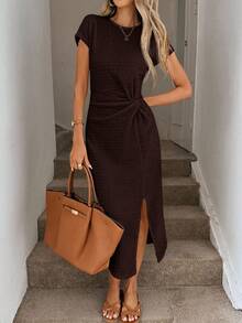 Easowa 1. Elegant Waist Twist High Slit Sleeveless Midi Dress, Casual Apricot Textured Bodycon Dress, Women's Birthday Outfit, Women's Fitness Set, Women's Wedding Guest Dress, Women's Office Wear, White Graduation Dress - Brown - View 2