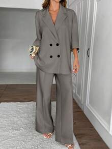 EURMUSE Women's Butter Yellow Casual Oversized Suit Set - Grey - View 4