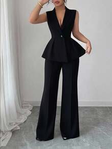 Elenzga Bộ vest nữ thanh lịch lãng mạn cổ bẻ không tay cỡ lớn - màu đen - Xem 3