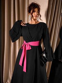 Cravure 大码优雅大码蝴蝶结喇叭袖连衣裙 - 黑色 - 查看 3