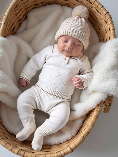 SHEIN Baby Boys Knitted Sweater&Pants 2 Pieces Set,Cute Off-White Autumn Winter Toddler Clothes,Comfortable Outfit,Vintage Neutral Matching Pullover