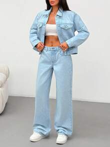 EURMUSE Single-Breasted Casual Denim Jacket And Jeans Set Denim Jacket And Jeans Set Women Blue 2 Piece Set Women Womens Light Blue Denim Set 2 Piece Denim Set Women Jean 2 Piece Set - Light Wash - View 4