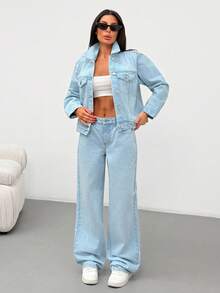 EURMUSE Single-Breasted Casual Denim Jacket And Jeans Set Denim Jacket And Jeans Set Women Blue 2 Piece Set Women Womens Light Blue Denim Set 2 Piece Denim Set Women Jean 2 Piece Set - Light Wash - View 6