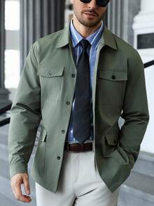 Manfinity CasualCool Men's Solid Color Front Button Casual Loose Design Green Trench Coat, Fall