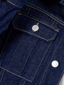 SHEIN 少女深蓝色牛仔翻领长袖短款夹克 - 深色水洗藍 - 查看 7