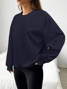 SHEIN EZwear 秋冬海军蓝针织毛绒基本款圆领运动衫 - 藏蓝色 - 查看 3