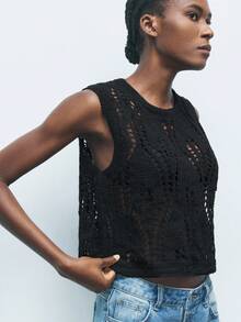 Maija 女士纯色无袖镂空针织上衣，波西米亚风格，适合海滩、海岛度假、音乐节、乡村风格外套、派对穿着 - 黑色 - 查看 6
