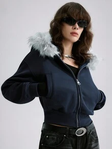 Airlisse 毛领短款拉链连帽卫衣夹克 - 藍色 - 查看 4