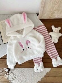 SHEIN 2pcs Baby Girls Rabbit Embroidery Hoodie Sweatshirt With Rabbit Ears And White Fuzzy Trim Red & White Striped Pants Set, Fashionable & Cute Fall Winter - Multicolor - View 1
